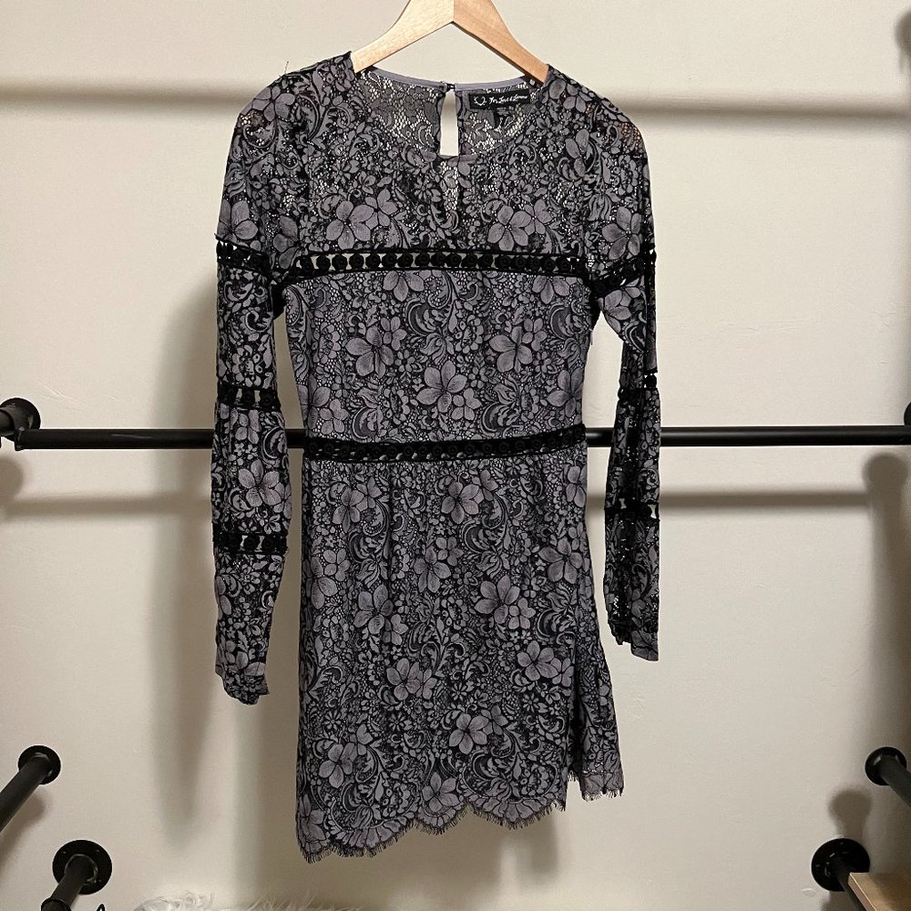 For Love and Lemons Theodora Bell Sleeve Mini Lace Dress Vintage Gray Small - Picture 2 of 11